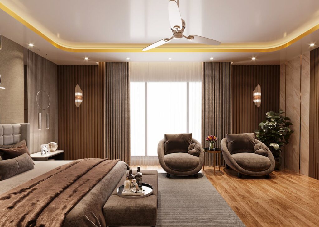 lamele na ścianach eleganckiej sypialni